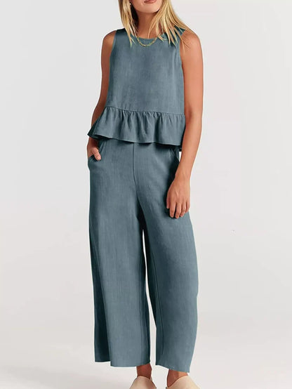 Full Size Ruffled Hem Sleeveless Top and Wide-Leg Pants Set Plus Size Gray Blue - Sets