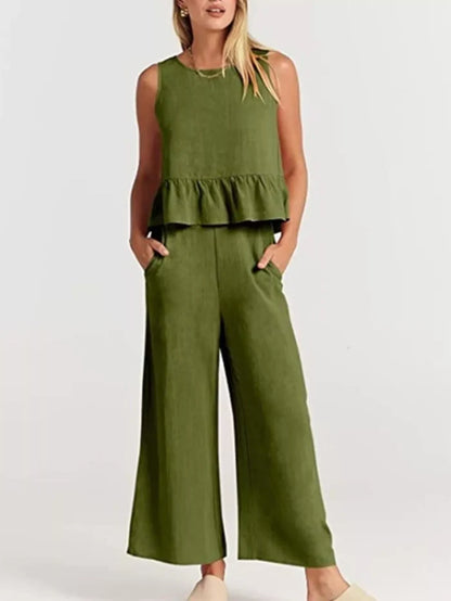 Full Size Ruffled Hem Sleeveless Top and Wide-Leg Pants Set Plus Size Army Green - Sets