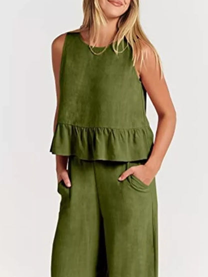 Full Size Ruffled Hem Sleeveless Top and Wide-Leg Pants Set Plus Size - Sets