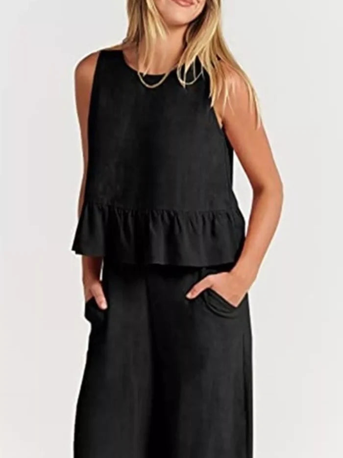 Full Size Ruffled Hem Sleeveless Top and Wide-Leg Pants Set Plus Size Black - Sets