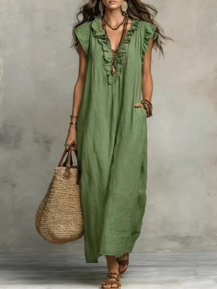 Full Size Ruffled V-Neck Cap Sleeve Maxi Dress Plus Size Army Green - Dresses