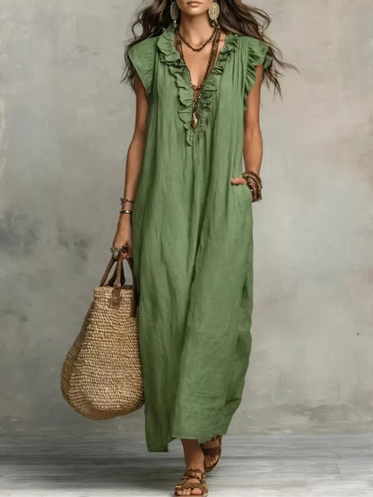 Full Size Ruffled V-Neck Cap Sleeve Maxi Dress Plus Size Army Green - Dresses