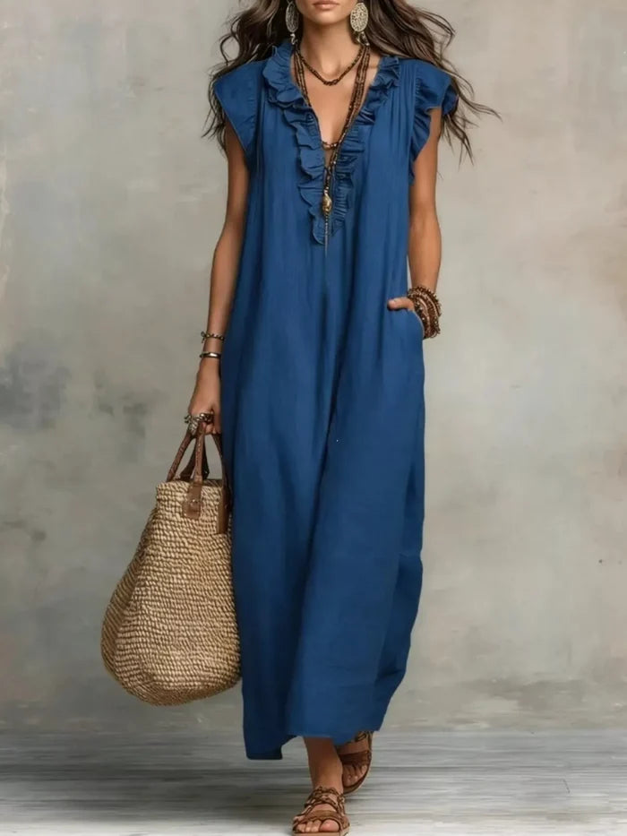 Full Size Ruffled V-Neck Cap Sleeve Maxi Dress Plus Size Blue - Dresses