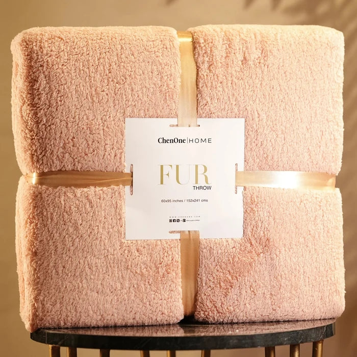 Blush pink faux fur throw blanket with plush texture, folded, ChenOneHOME tag