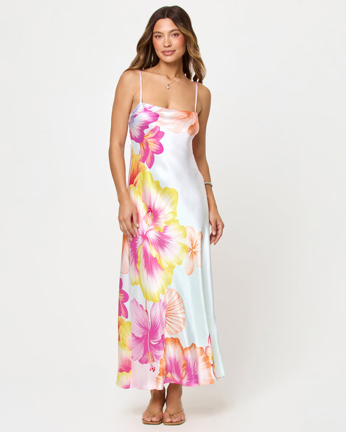 LSPACE Gabby Maxi in Hibiscus And Plumeria Oh My print, front view on model.