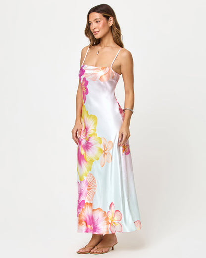 LSPACE Gabby Maxi in Hibiscus And Plumeria Oh My print, three-quarter view on model.