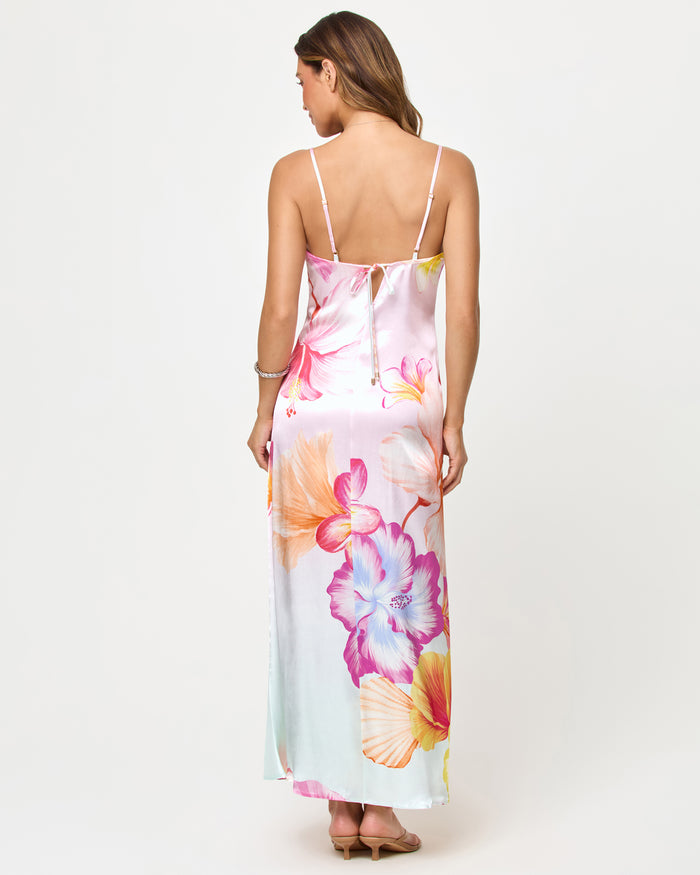 LSPACE Gabby Maxi in Hibiscus And Plumeria Oh My print, back view on model.