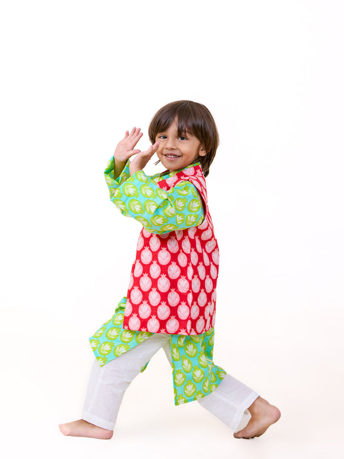 boys green cotton festive kurta set with jacket - Pinklay