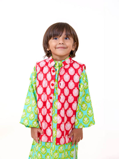 boys green cotton festive kurta set with jacket - Pinklay