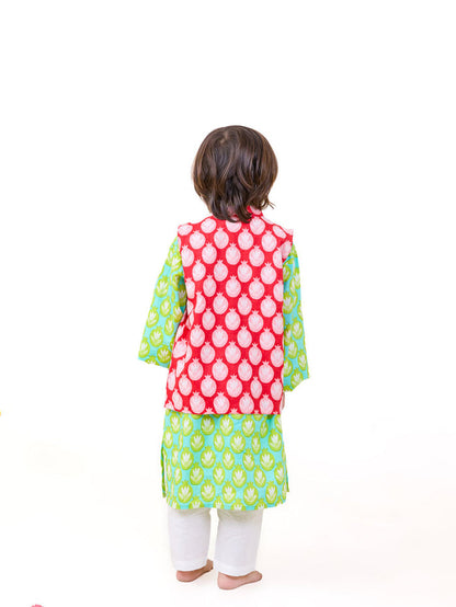 boys green cotton festive kurta set with jacket - Pinklay