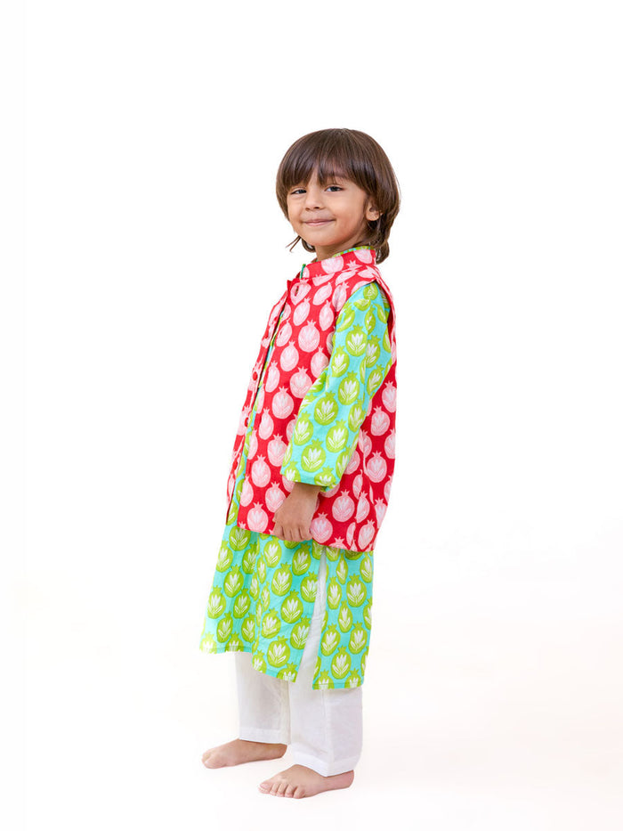 boys green cotton festive kurta set with jacket - Pinklay