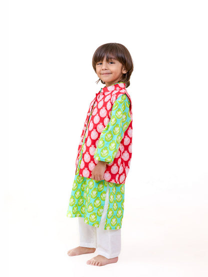 boys green cotton festive kurta set with jacket - Pinklay