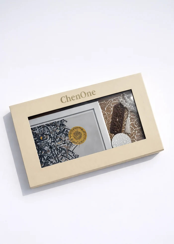 Gift set box with ChenOne window and two framed artworks with gold medallion