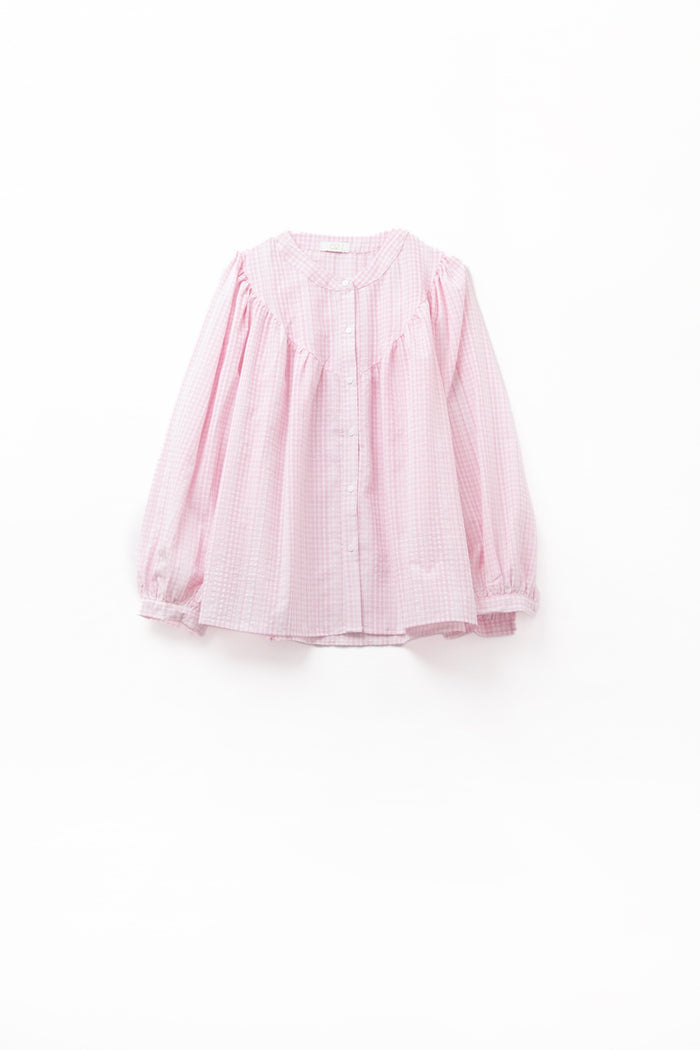 Gingham Pale Pink Collarless Blouse With Wide Sleeves - Shirts