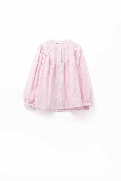 Gingham Pale Pink Collarless Blouse With Wide Sleeves - Shirts