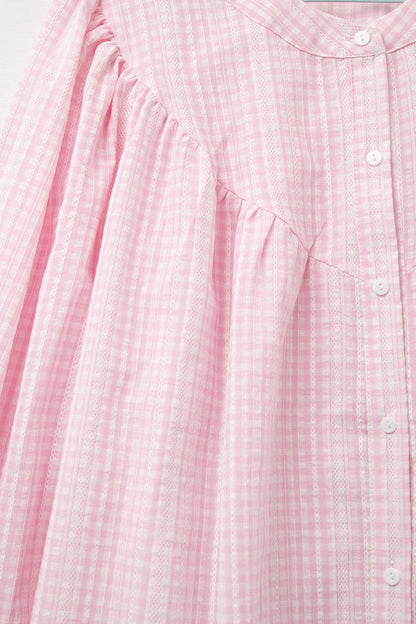Gingham Pale Pink Collarless Blouse With Wide Sleeves - Shirts