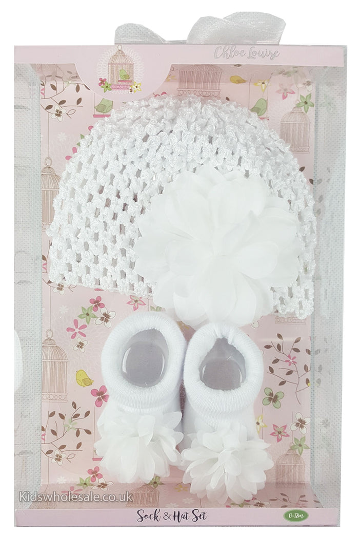 Girls White Sock & Hat Set - Flower - 0-12 Months (K11235) - Kidswholesale.co.uk