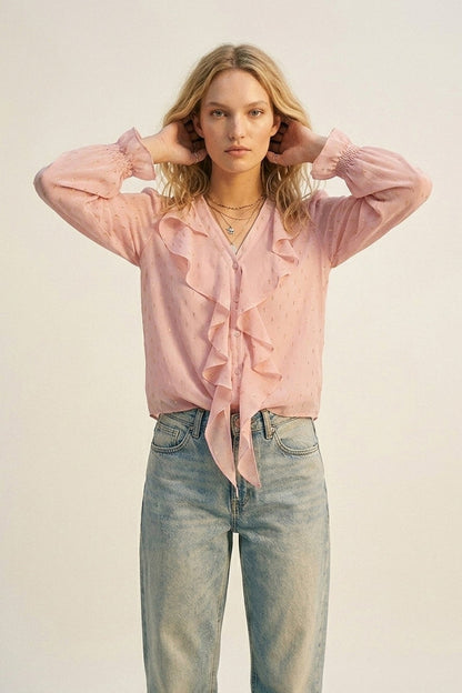 Gold Polka-Dot Chiffon Ruffle Button Blouse in Light Pink - Shirts