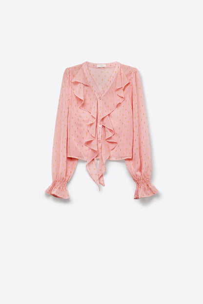 Gold Polka-Dot Chiffon Ruffle Button Blouse in Light Pink - Shirts