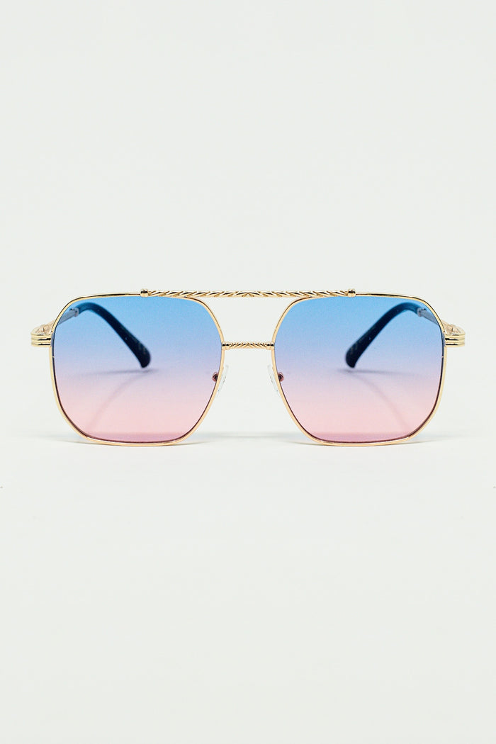 gold square frame sunglasses in ombre light blue with pink
