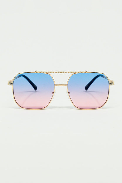 gold square frame sunglasses in ombre light blue with pink