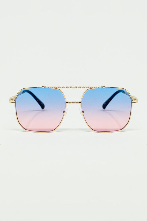 gold square frame sunglasses in ombre light blue with pink