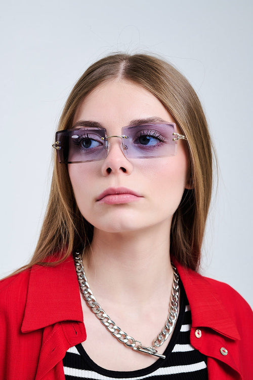 Gold Thin Rimless Square Sunglasses with Purple Lenses