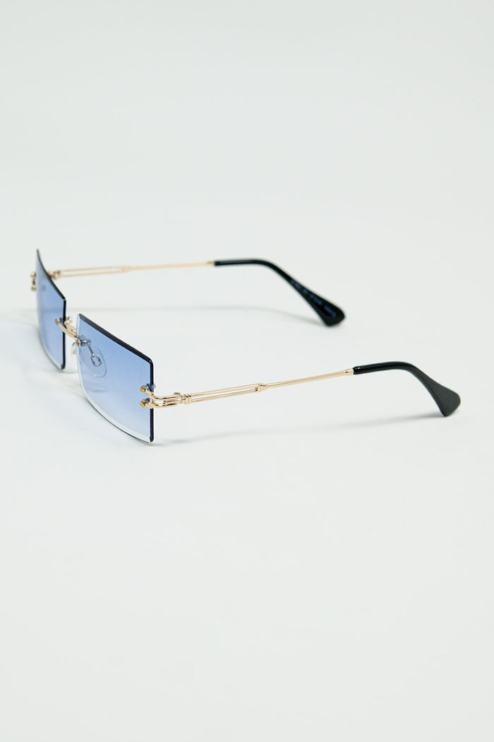Gold Thin Rimless Square Sunglasses with Purple Lenses