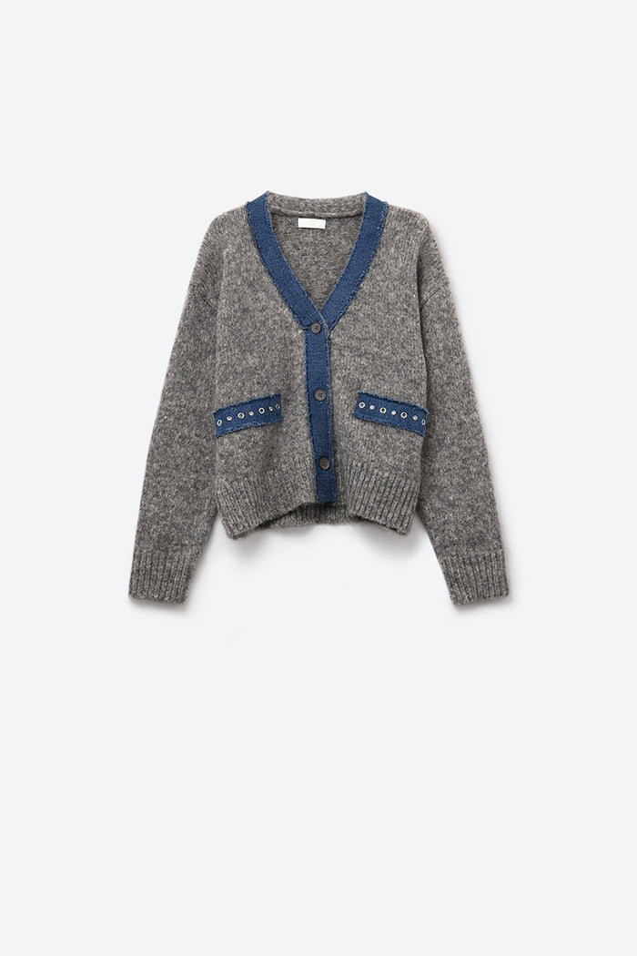 gray cardigan with denim fabric details