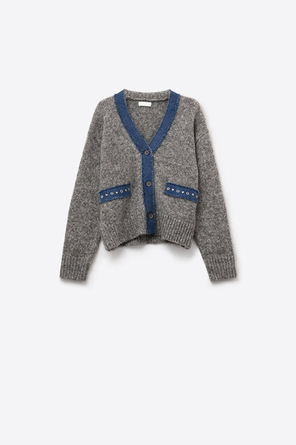 gray cardigan with denim fabric details