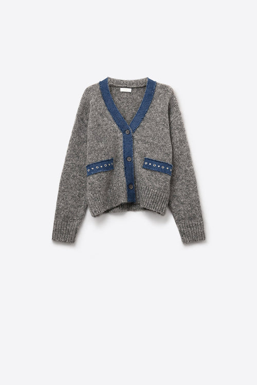 gray cardigan with denim fabric details