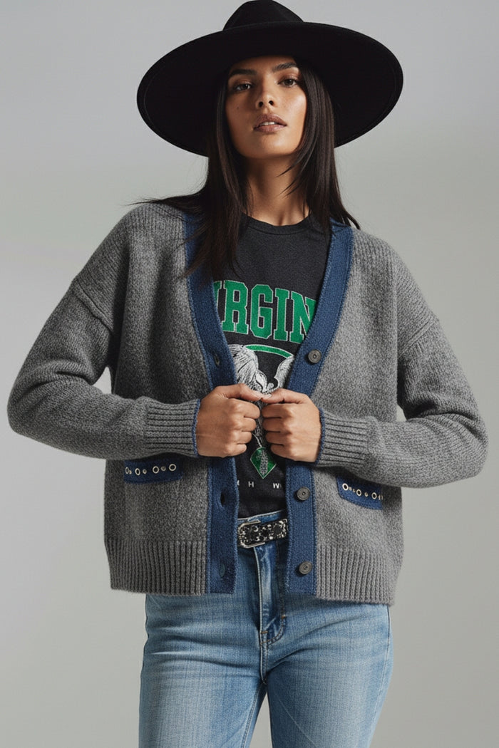 gray cardigan with denim fabric details