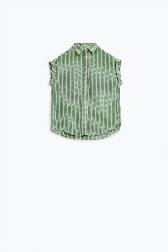 Green Blouse With Vertical Stripes And Short Sleeves - Shirts