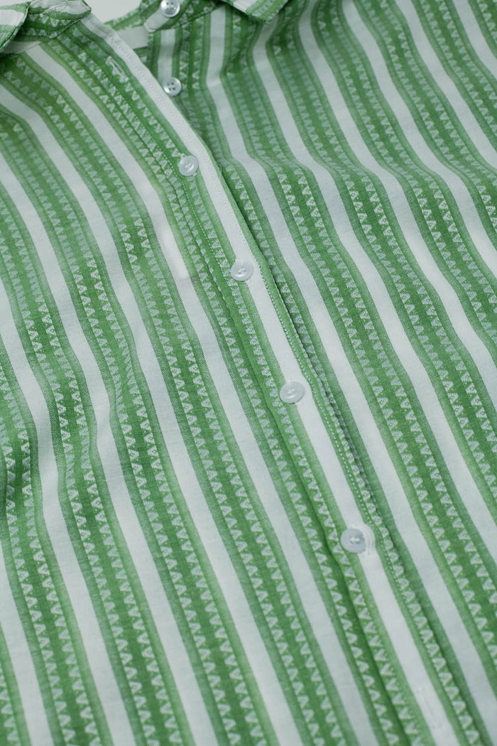 Green Blouse With Vertical Stripes And Short Sleeves - Shirts