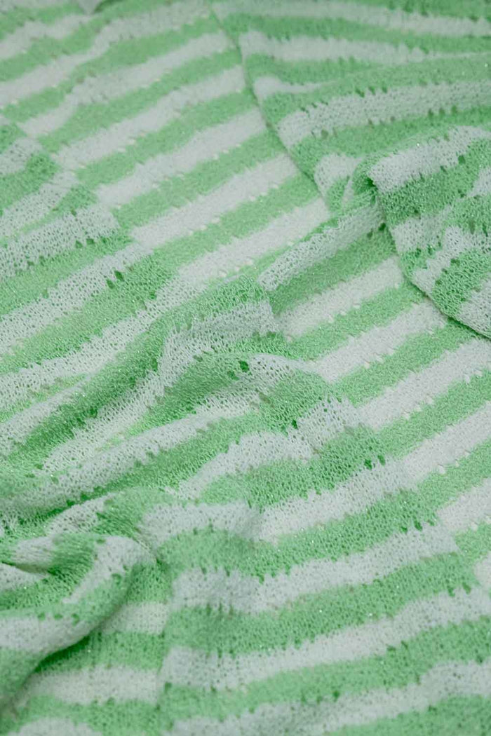 Green Boho Style Cardigan With Stripes Pointelle Knit and Fringe Details
