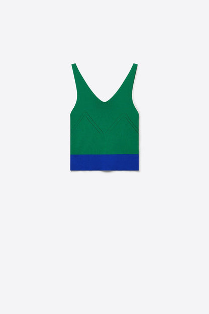 Green Color-Block Ribbed Knit V-Neck Cropped Tank Top