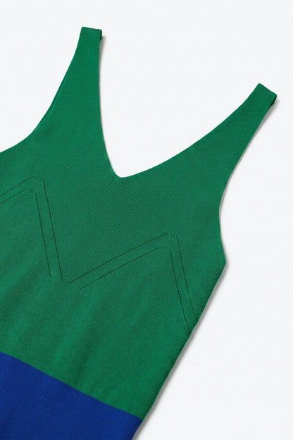 Green Color-Block Ribbed Knit V-Neck Cropped Tank Top