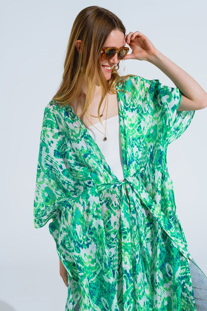 Green Long Kimono With Drawstring Closing in Tribal Print - kimono jacket