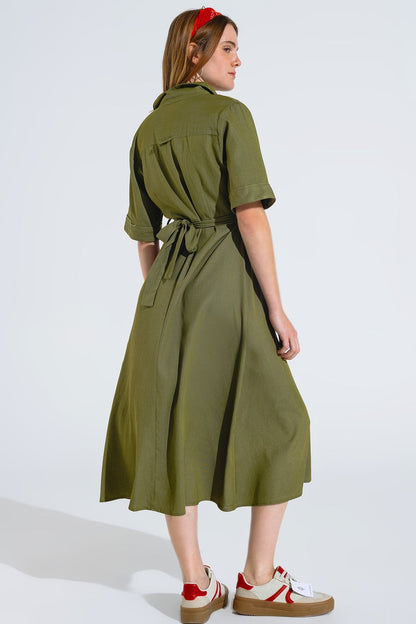 Green Maxi Shirt Dress With Polo Collar - dress