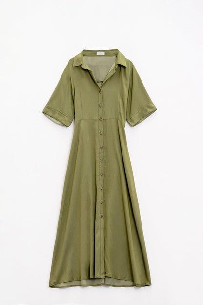 Green Maxi Shirt Dress With Polo Collar - dress