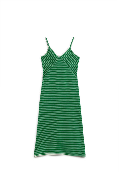 Green Midi Dress With Stripes And Spaghetti Straps - dress