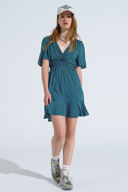 Green Mini Dress With Wrap Front Cinched Waist And Floral Print - dress
