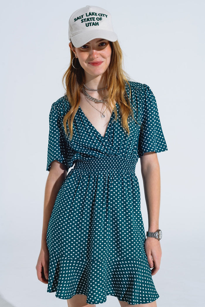 Green Mini Dress With Wrap Front Cinched Waist And Floral Print - dress