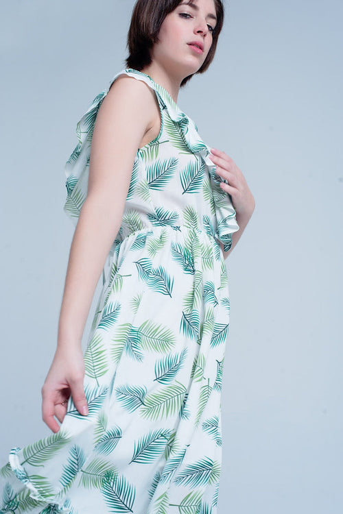 Green Printed Midi Dress with Ruches - dress