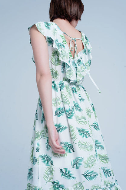 Green Printed Midi Dress with Ruches - dress