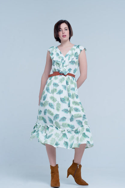Green Printed Midi Dress with Ruches - dress