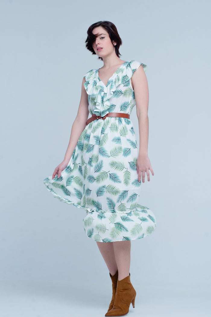 Green Printed Midi Dress with Ruches - dress