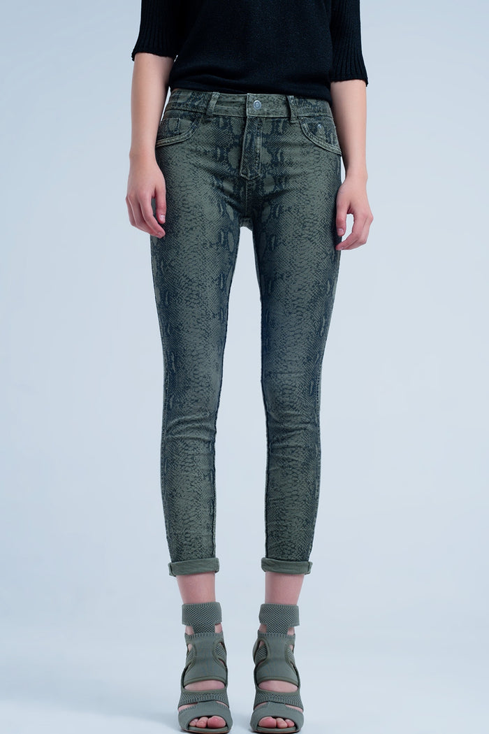 Green skinny reversible jeans with snake print - Coloured Jeans
