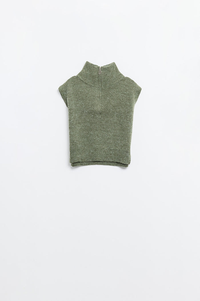 Green sleeveless turtleneck sweater with zipper closure