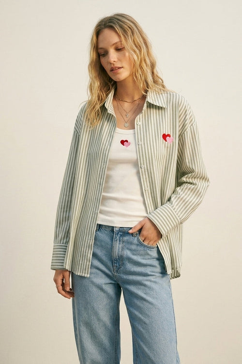 green Stripe Cotton Embroidered Heart Set t-shirt and shirt 2 pieces - Shirts